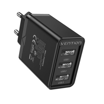image of VENTION FEAB0-EU 3-port USB(A+A+A) Wall Charger EU-Plug Black with Spec and Price in BDT