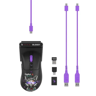 image of A4Tech Bloody R73 Ultra Duo Cypher Ghost Dual Mode Wireless + USB Type C Gaming Mouse Including Dock with Spec and Price in BDT