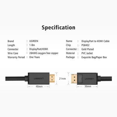 image of UGREEN DP101 (10202) DP Male to HDMI Male Cable - 2M with Spec and Price in BDT