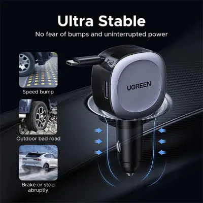 image of UGREEN EC601 (55653) 75W Fast Car Charger with Retractable Cable with Spec and Price in BDT