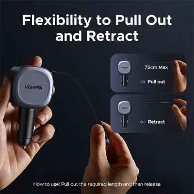 image of UGREEN EC601 (55653) 75W Fast Car Charger with Retractable Cable with Spec and Price in BDT