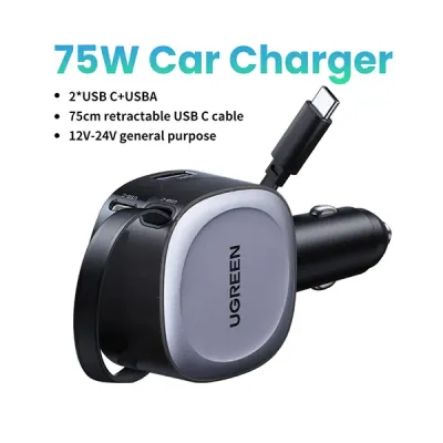 image of UGREEN EC601 (55653) 75W Fast Car Charger with Retractable Cable with Spec and Price in BDT