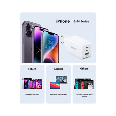 image of UGREEN Nexode CD244 (15334) 65W 3-Port PD GaN Fast Charger - White with Spec and Price in BDT