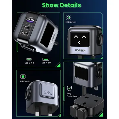 image of UGREEN CD361 (25686) Uno RG 65W 3-Port GaN Fast Charger - UK with Spec and Price in BDT