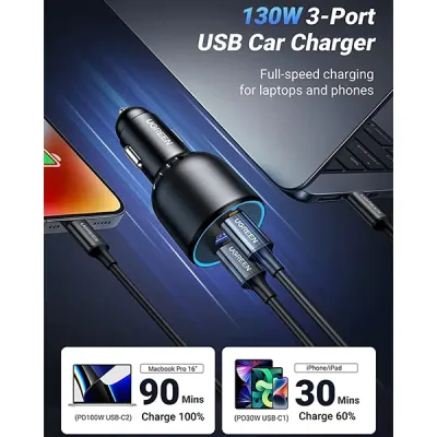image of UGREEN EC705 (35025) 130W 3-Port Fast Car Charger with Spec and Price in BDT