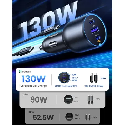 image of UGREEN EC705 (55511) 130W 3-Port Fast Car Charger Set with Spec and Price in BDT