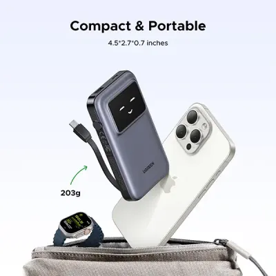 image of UGREEN PB511 (35603B) 30W 10000mAh Power Bank with Built-in Cable - Black with Spec and Price in BDT