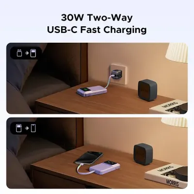 image of UGREEN PB511 (35604B) 30W 10000mAh Power Bank with Built-in Cable - Purple with Spec and Price in BDT