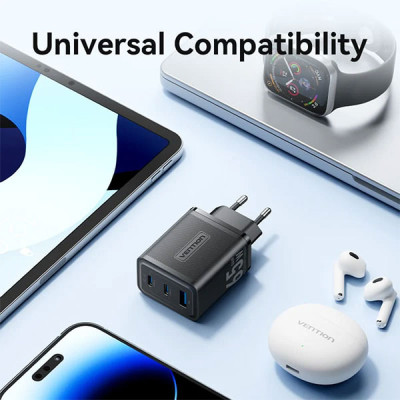image of VENTION FERB0-EU 3-Port USB-C + USB-A 65W EU-Plug GaN Charger - Black with Spec and Price in BDT
