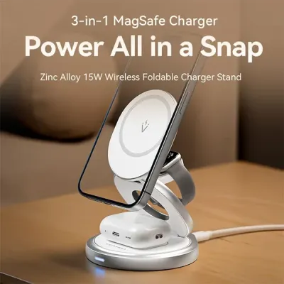 image of VENTION FGEI0 3-in-1 15W MagSafe Silver Wireless Charger Stand with Spec and Price in BDT