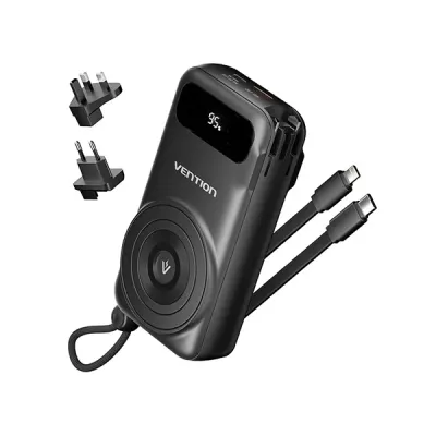 image of VENTION FHXB0 22.5W 10000mAh LED Display 6-in-1 Travel Power Bank with Built-in USB-C and Lightning Cable with Spec and Price in BDT
