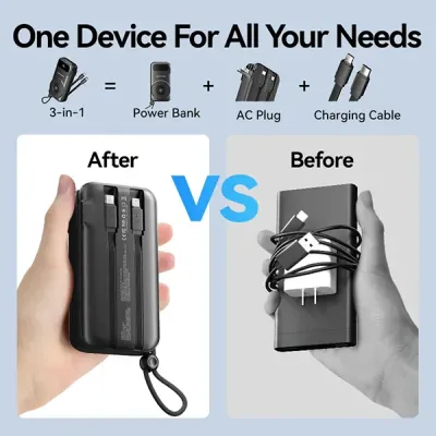 image of VENTION FHXB0 22.5W 10000mAh LED Display 6-in-1 Travel Power Bank with Built-in USB-C and Lightning Cable with Spec and Price in BDT