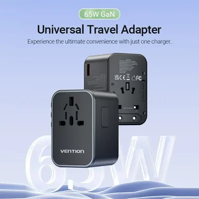 image of VENTION FJDB0 3-Port 65W GaN Universal Travel Adapter with Spec and Price in BDT