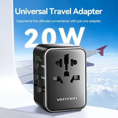 image of Vention FJEB0 20W 3-Port USB(C+A+A) Universal Travel Adapter - Black with Spec and Price in BDT