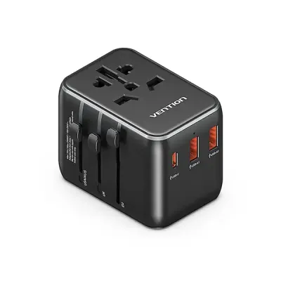 image of Vention FJEB0 20W 3-Port USB(C+A+A) Universal Travel Adapter - Black with Spec and Price in BDT