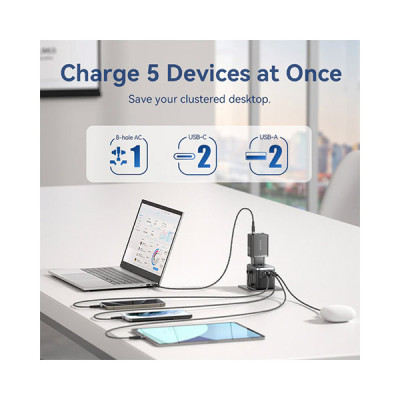 image of VENTION FJFB0 4-Port 65W GaN Universal Travel Adapter - Black with Spec and Price in BDT