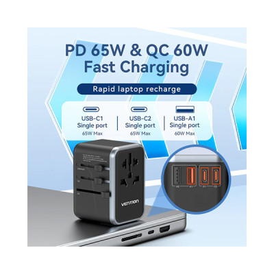image of VENTION FJFB0 4-Port 65W GaN Universal Travel Adapter - Black with Spec and Price in BDT