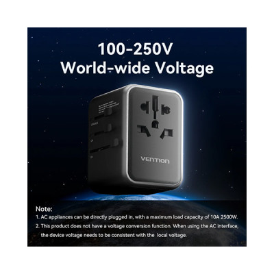image of VENTION FJFB0 4-Port 65W GaN Universal Travel Adapter - Black with Spec and Price in BDT