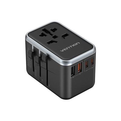 image of VENTION FJFB0 4-Port 65W GaN Universal Travel Adapter - Black with Spec and Price in BDT