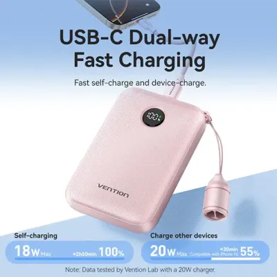 image of VENTION FKAL0-C 22.5W 10000mAh LED Display Power Bank with Built-in USB-C to C Cable - Blue with Spec and Price in BDT
