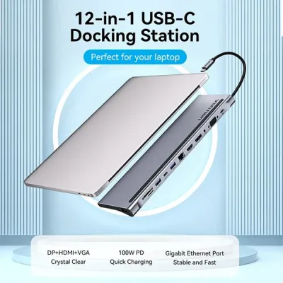 image of VENTION THSHC Multi-function 12-in-1 USB-C Docking Station - Gray with Spec and Price in BDT