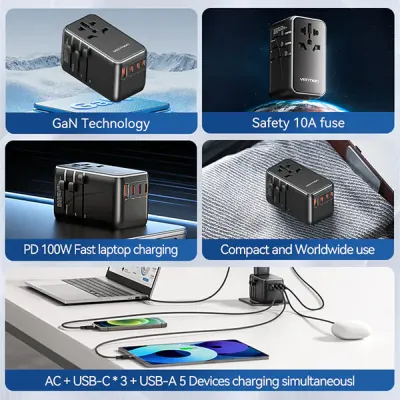image of VENTION FJGB0 120W 4-Port USB GaN Universal Travel Adapter with Spec and Price in BDT