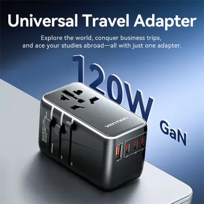 image of VENTION FJGB0 120W 4-Port USB GaN Universal Travel Adapter with Spec and Price in BDT