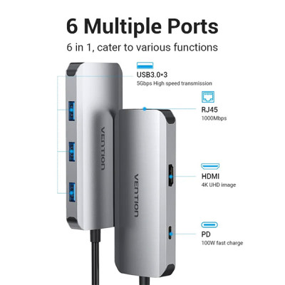 image of Vention TOHHB 6 in 1 USB Type C Docking Station with Spec and Price in BDT